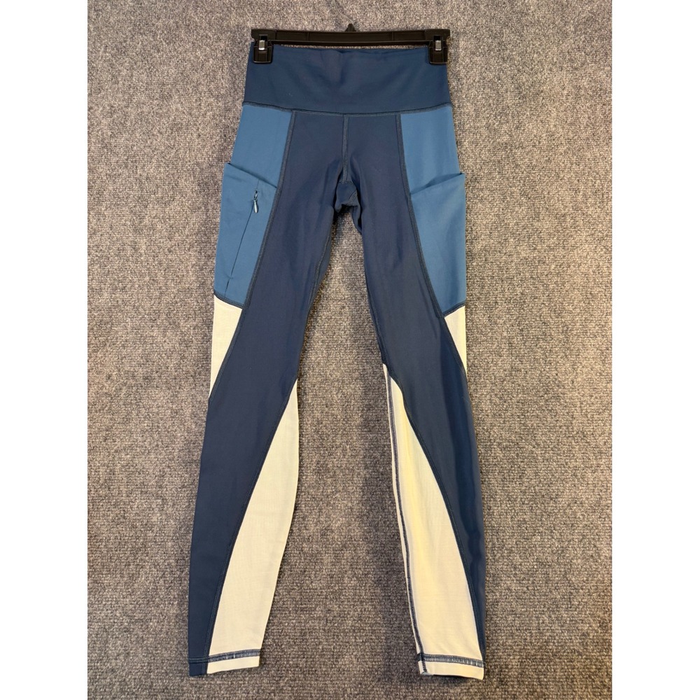 Athleta Colorblock High Rise Leggings Navy Blue Slate Cream Side Pockets